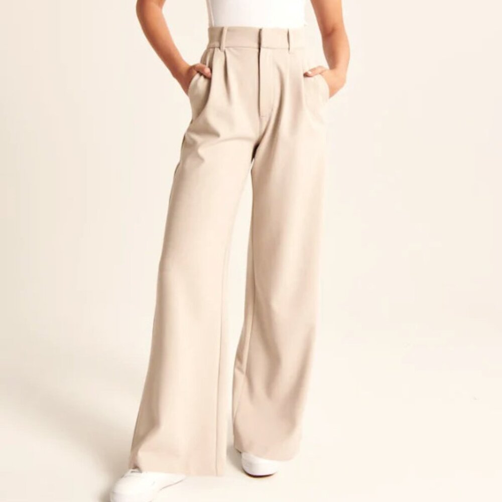 Beige Wide Leg Pleated Pants